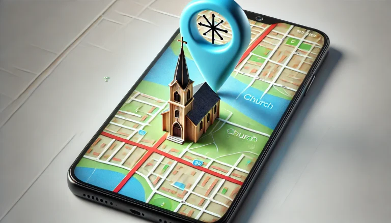 DALL·E 2025 01 17 10.05.53 A modern smartphone lying on a flat surface displaying a digital map. On the map a pin is shaped like a small church with a steeple symbolizing a ch